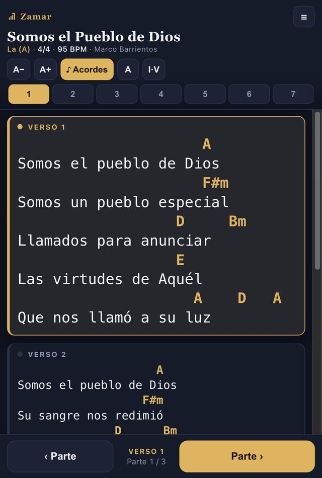 La pantalla de una canción en Zamar: el título «Somos el Pueblo de Dios», el tono La (A), 4/4 a 95 BPM, y la letra con los acordes justo arriba de la sílaba donde entran.