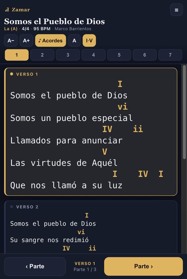 La misma canción con los grados I, vi, IV y V sobre la letra, en lugar de los nombres de los acordes.
