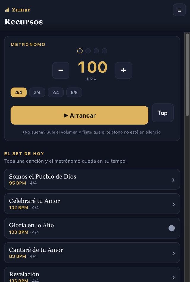La pestaña de recursos: el metrónomo en 100 BPM y 4/4, y debajo el set del día donde cada canción deja el metrónomo en su tempo.