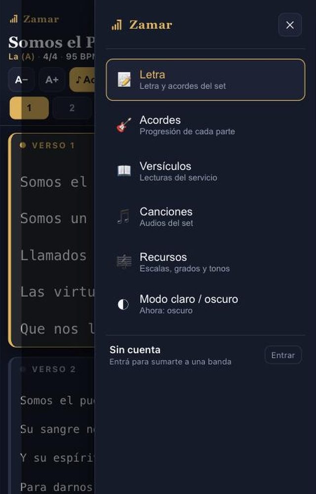 El menú de Zamar con sus secciones: Letra, Acordes, Versículos, Canciones, Recursos y el modo claro u oscuro.